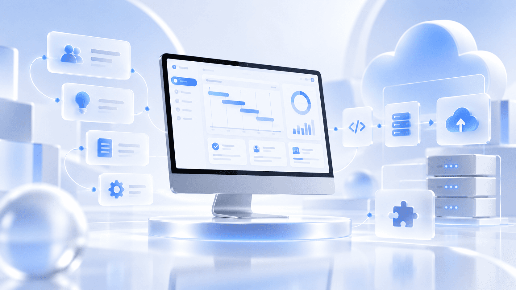 A bright 3D workspace showing a connected product workflow